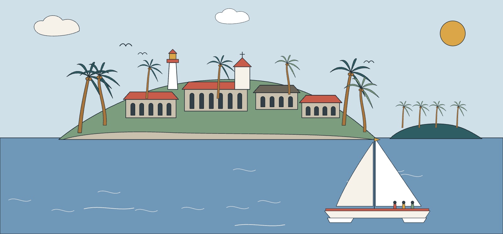 Illustration des îles du Salut en saison sèche : cocotiers, bâtiments du bagne en pierre, mer et catamaran