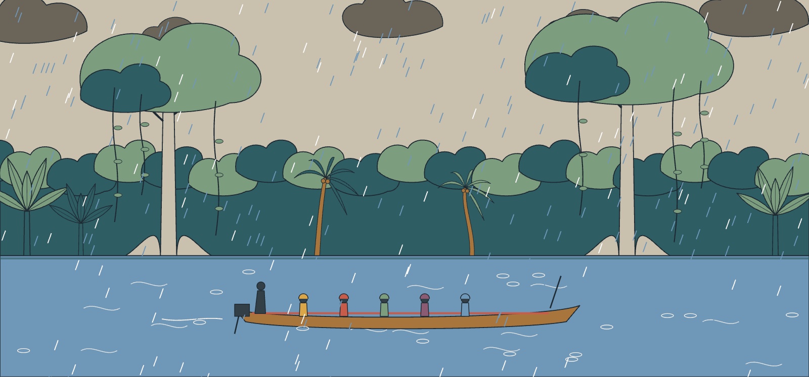 Illustration de la forêt amazonienne en saison des pluies : fleuve, pirogue, arbres géants, lianes et pluie