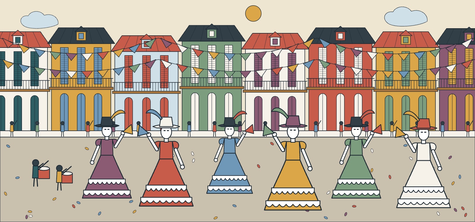 Illustration du carnaval de Guyane : touloulous en robes à crinoline et masques, défilé devant des maisons créoles