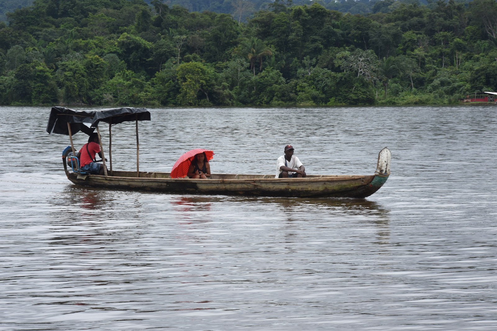 Une pirogue motorisée avec ses passagers sur le fleuve Maroni, devant la forêt